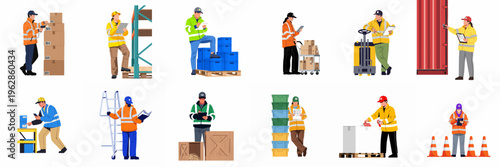 Set of flat vector illustrations depicting warehouse workers in high-visibility uniforms performing various logistics, shipping, and inventory management tasks.