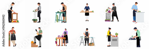 Diverse collection of professional and home chefs in aprons preparing fresh vegetables, isolated on white background in a flat illustration style.