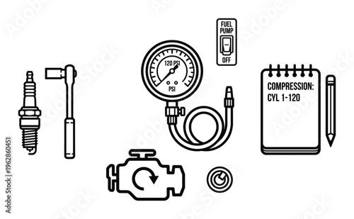 Car engine diagnostic tools spark plug compression tester fuel pump switch on transparent background