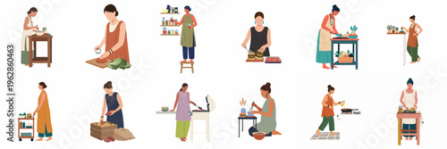 Collection of diverse women engaged in various cooking and food preparation activities in a minimalist flat illustration style.