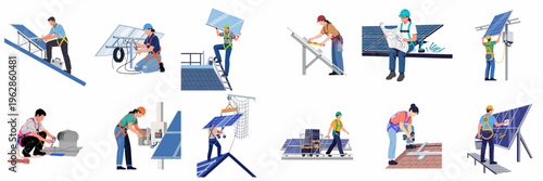 Professional engineers and technicians installing and maintaining solar panel systems on roofs for sustainable renewable energy generation.