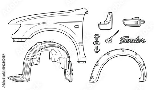 Car fender and associated parts set line vector illustration isolated on background