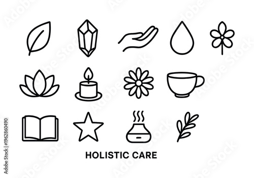 Holistic care icons: wellness symbols including lotus, candle, and teacup
