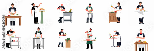 Flat vector illustration set of diverse chefs and cooks preparing, garnishing, and serving various pasta dishes in a kitchen or restaurant environment.