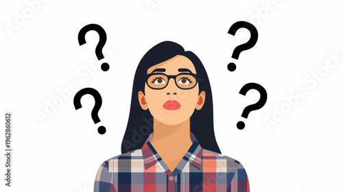 illustration of A young woman with glasses and a plaid shirt surrounded by floating black question marks on white background 