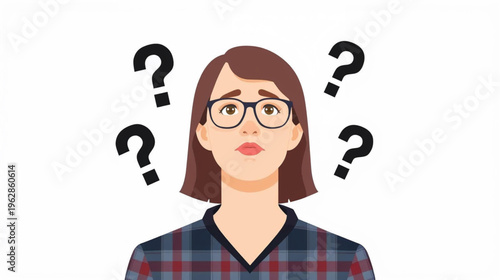  illustration of A young woman with glasses and a plaid shirt surrounded by floating black question marks on white background 