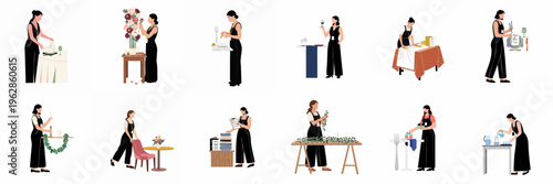 Collection of Women Professionals in Black Jumpsuits Managing Wedding Decor, Floral Arrangements, and Table Settings for an Event.