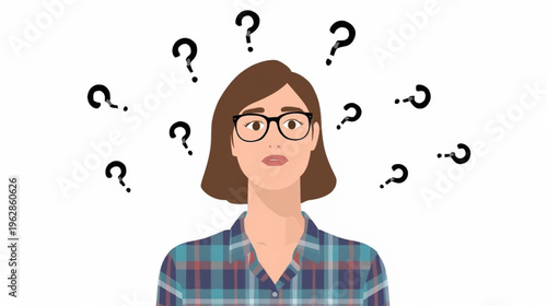  illustration of A young woman with glasses and a plaid shirt surrounded by floating black question marks on white background 