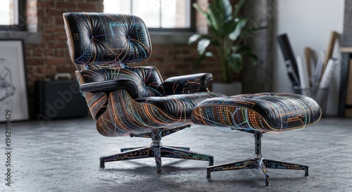 Futuristic Eames Style Lounge Chair with Glowing Data Stream Structure