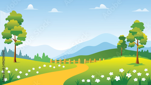 A peaceful countryside landscape with a winding path and distant mountains