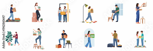 Collection of diverse people moving home, carrying cardboard boxes, and organizing belongings in their new apartment, set of flat vector illustrations.