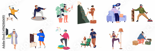 A collection of flat vector illustrations depicting diverse people experiencing various virtual reality simulations and games from their homes.