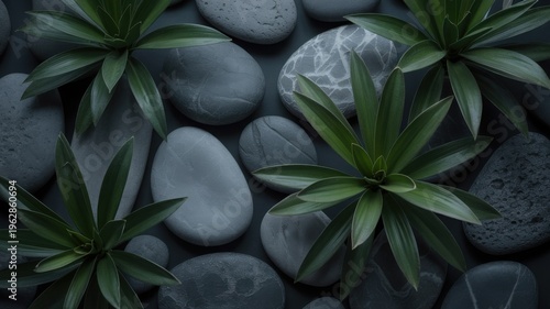 Moody succulent plant leaves with smooth river stones, dark green botanical background, zen spa nature texture photo