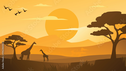 African savanna landscape with giraffe silhouettes at sunset