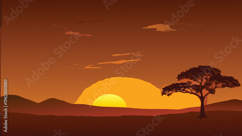 African savanna landscape with a silhouetted tree at sunset