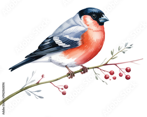 Winter bullfinch resting on berry twig in gentle watercolor texture.
