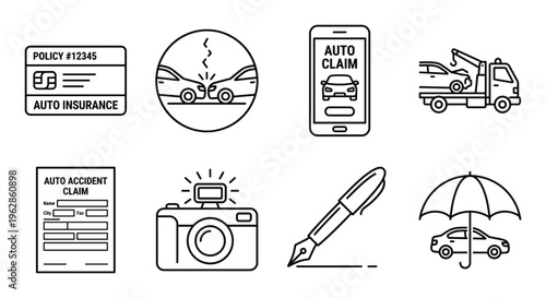 Car insurance policy accident claim form camera and tow truck icon for auto service