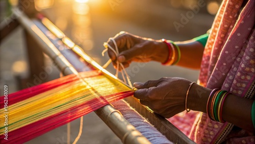 Indian sari weaving shows skilled hands working colorful threads on traditional loom with warm sunlight creating peaceful and focused atmosphere