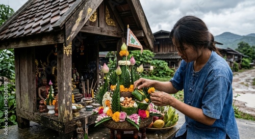 Hands Preparing Chao Pho Shrine Offering in Rainy Northern Thailand Village