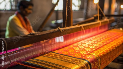 Indian sari weaving shows traditional textile art with vibrant orange fabric and intricate patterns on wooden loom in warm light setting