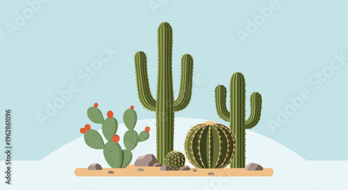 A cartoon scene of desert cacti and flora with a pastel sky