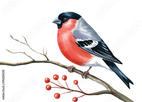 Elegant bullfinch bird with soft feather tones on botanical branch.