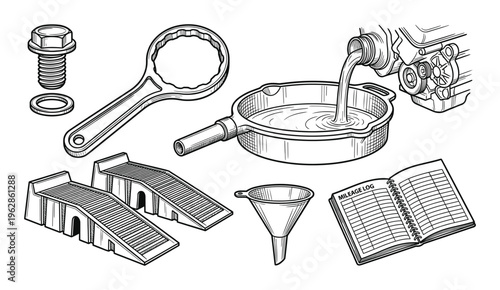 Car maintenance tools and supplies for oil change and engine repair on transparent background
