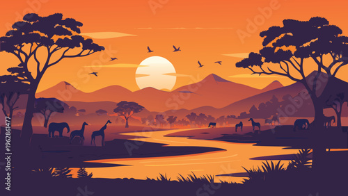 African savanna landscape with silhouetted wildlife during a vibrant sunset