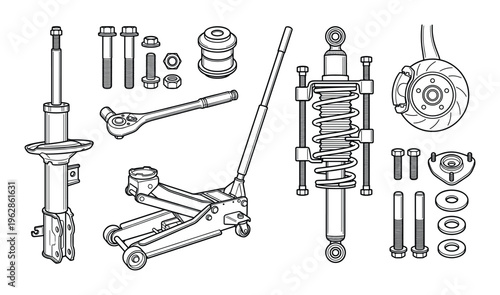 Car shock absorber strut assembly brake caliper and disc with jack and tools