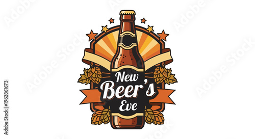 Vector illustration of a New Beer's Eve celebration concept with a beer bottle, hops, and festive elements on a colorful background.