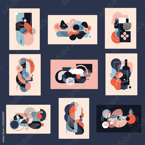 Nine abstract art compositions featuring colorful geometric shapes, lines, and textures