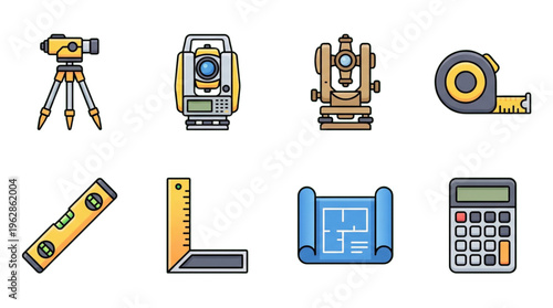 Essential Engineering and Surveying Instruments Icon Collection for Construction Projects