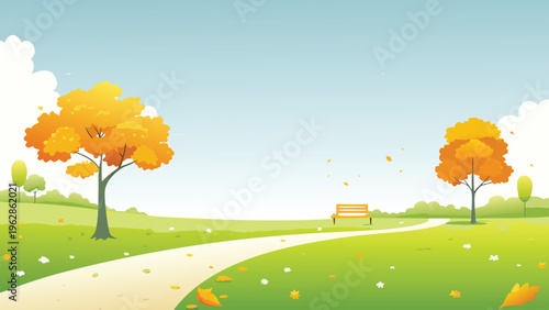 Autumn park scene with a winding path and colorful foliage