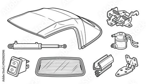 Convertible top parts outline on transparent background for automotive restoration and repair