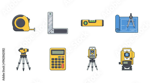 Construction Engineering Surveying Equipment Icons Design Measurement Tools Collection