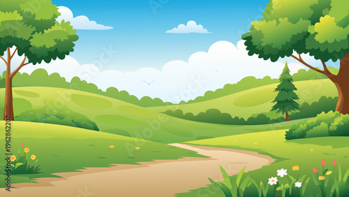 A vibrant cartoon landscape featuring a winding path and lush greenery
