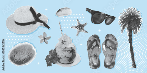 Retro tropical sea collage halftone set with hat, sunglasses, coconut drink, flip flops, palm tree, shell, watermelon, starfish. Summer vacation vector illustration