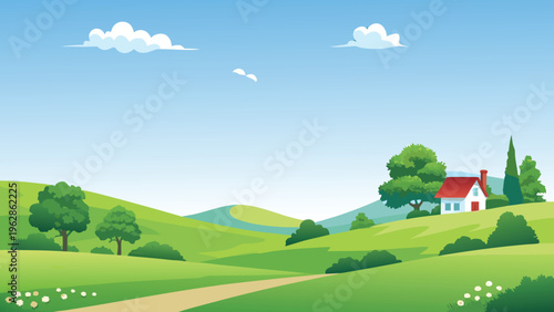 Tableau sur toile A peaceful countryside scene with a red roofed house and rolling hills