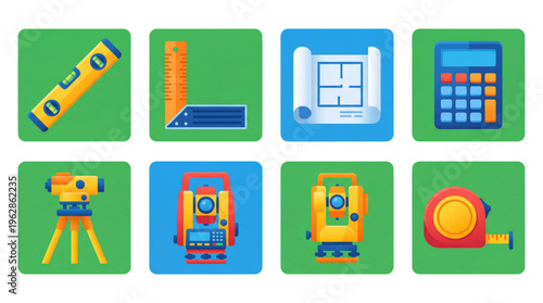 Professional Construction Surveying Tools Icons Engineering Blueprint Design Elements