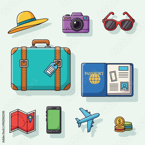 Travel essentials suitcase, camera, passport, map, phone, hat, plane, coins, glasses