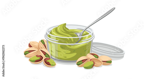 A glass jar of green pistachio spread with a spoon, next to a pile of whole pistachios.