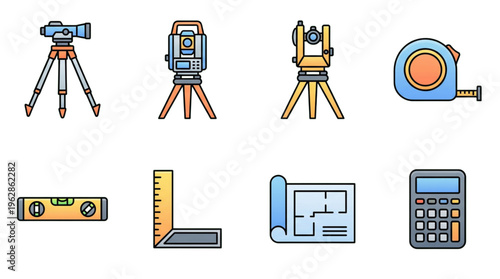 Surveying and Construction Tools Icon Set Engineering Equipment Blueprint