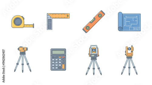 Construction Surveying and Architecture Tools Flat Icons Engineering Equipment Collection Set