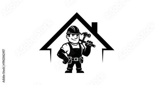 Professional Construction Worker Carrying Hammer Inside House Silhouette, Home Building and Renovation Services Concept, Expert Handyman and Residential Maintenance Illustration