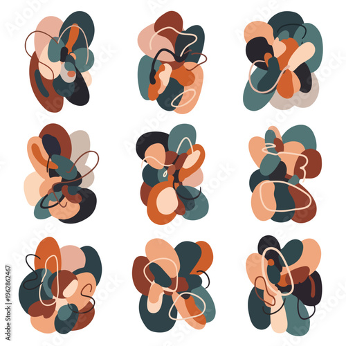 Nine abstract designs composed of organic shapes with a minimal line element