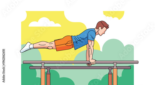 A cartoon man performs a push-up on parallel bars outdoors in the park