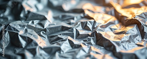 Close-up of crinkled shiny silver foil bag. Reflective metallic plastic texture for food preservation. Useful for packaging, kitchen, or freezer storage.