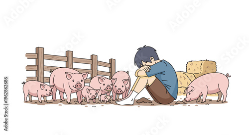 A sad boy sits on dry ground with his arms wrapped around knees, surrounded by pigs, hay bales, and a wooden fence.