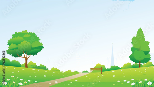 A peaceful park scene with lush green trees and a winding path