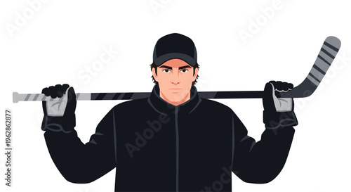 A serious male ice hockey player in a black uniform holds a hockey stick across his shoulders, staring forward.